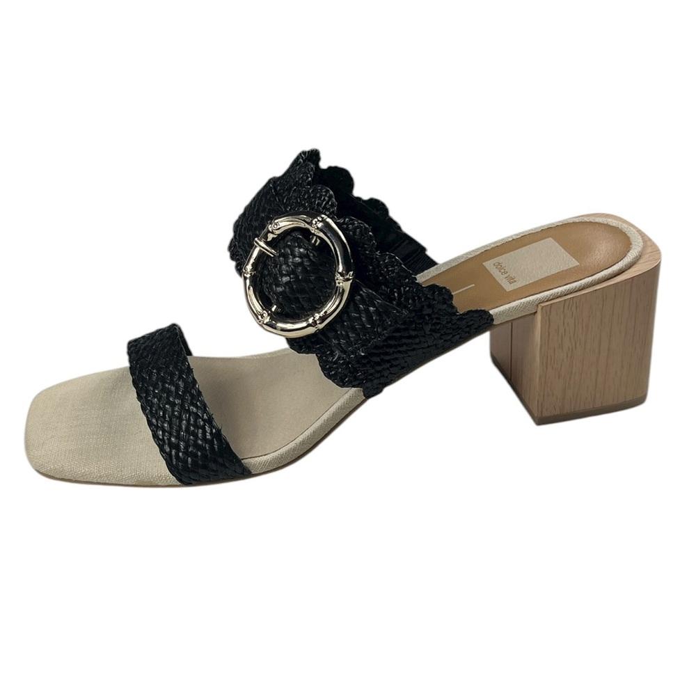 Dolce Vita Zophy Slide Chunky Heel Open Toe Sandals Black Raffia Upper Size 10 M